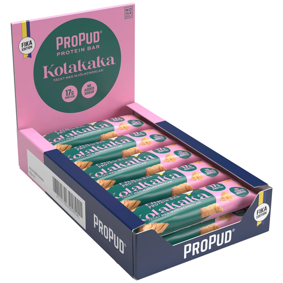 12 x NJIE ProPud Proteinbar 55 g Kolakaka i en rosa och mörkblå displaylåda med matchande bars.