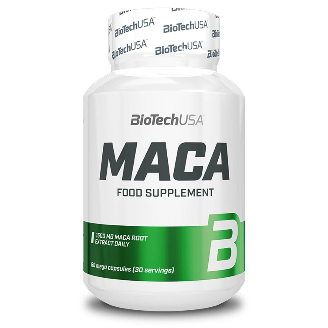 BioTechUSA MACA 60 caps prestationsökande kosttillskott i en vit burk med gröna detaljer.