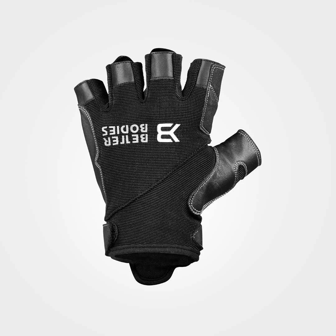 Svart Better Bodies Pro Gym Gloves träningshandske i nylon och analinläder med vit logotyp på ovansidan.