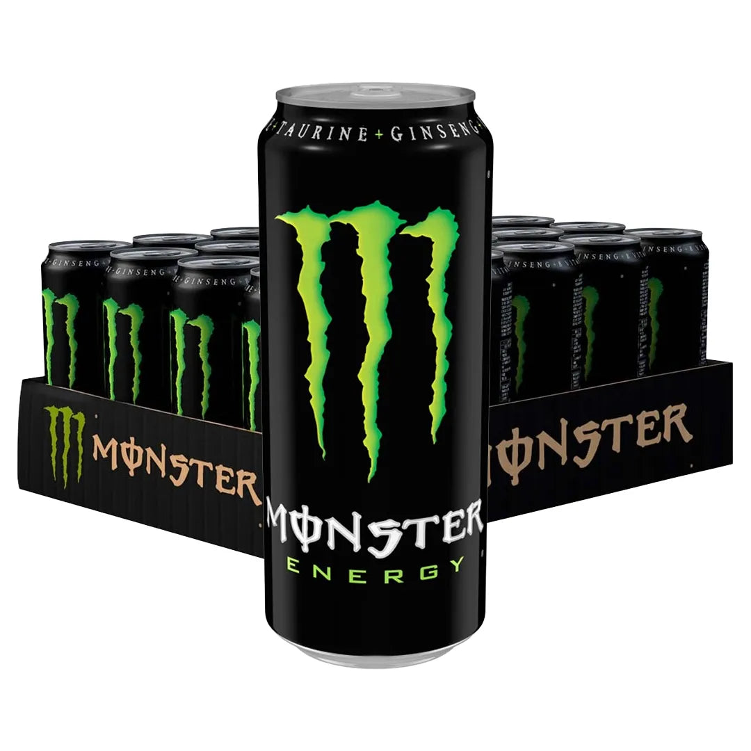 24 x Monster Energy 500 ml Original i ett svart flak med svarta burkar och den klassiska gröna Monster-logotypen.