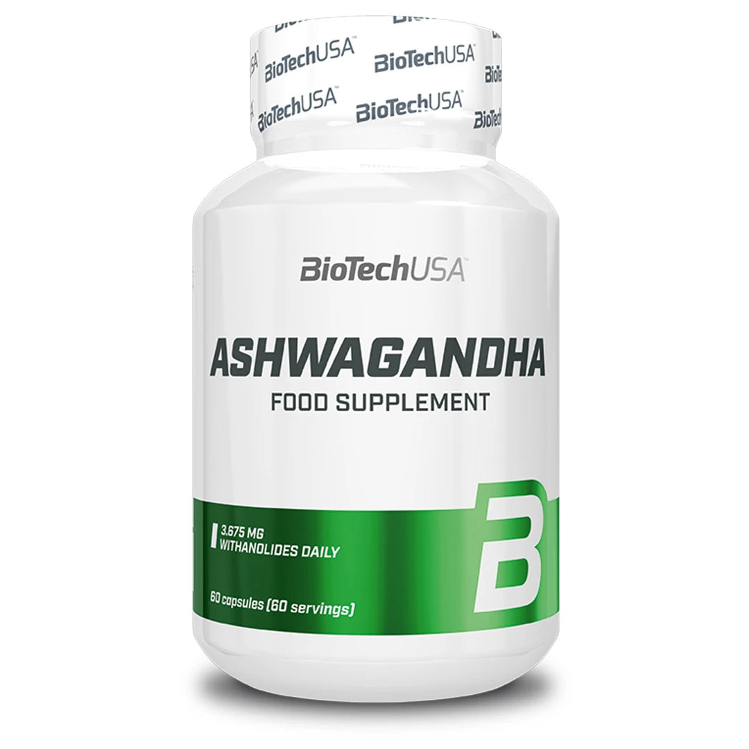 BioTechUSA Ashwagandha 60 caps kosttillskott i en vit burk med gröna detaljer.