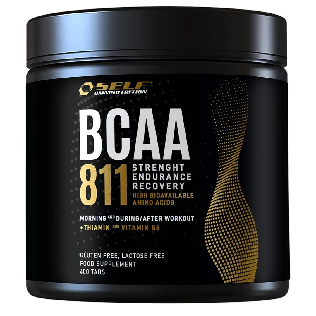 Self Omninutrition Essential BCAA 811 400 tabs förpackad i en svart burk med vita och guldiga detaljer.