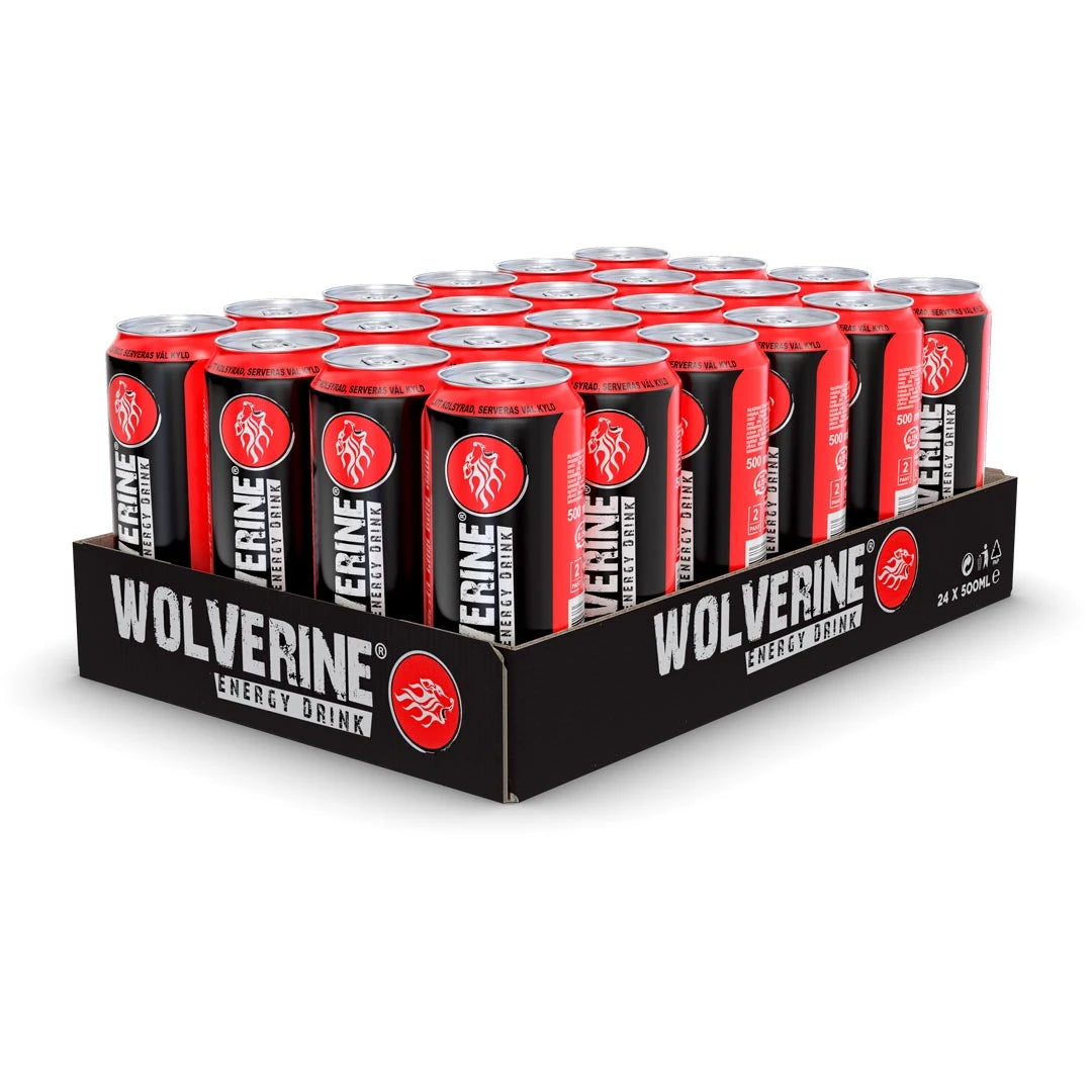 24 x Wolverine Energy Drink 500 ml Original i en svart flakkartong med svarta och röda burkar prydda med en vit lejologotyp.