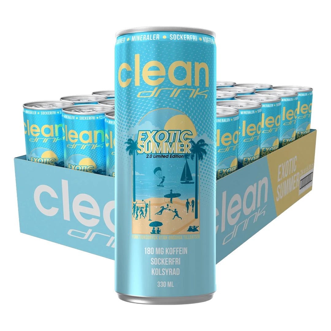 24 x Clean Drink 330 ml Exotic Summer - Limited edition i ett ljusblått flak med matchande burkar med strandmotiv.