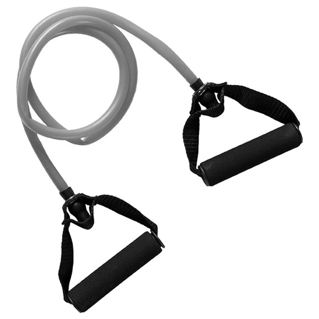 Virtufit Resistance Cable Medium, ett grått träningsband med svarta vadderade handtag för flexibel träning.