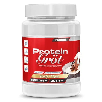 En vit burk med röda detaljer innehållande Fairing Proteingröt 1.4 kg i smaken vanilj och kanel.