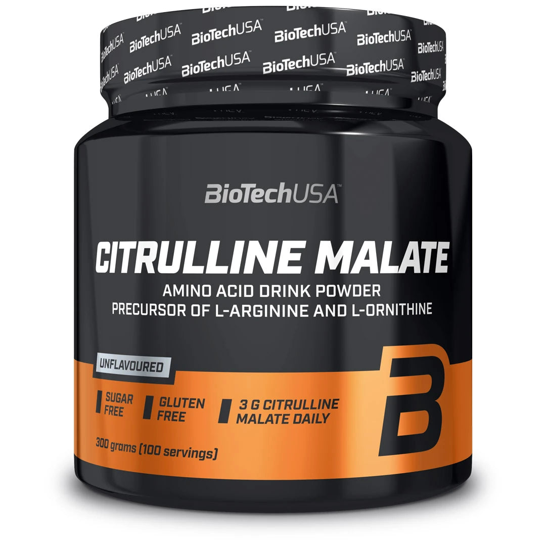 BioTechUSA Citrulline Malate Powder 300 g smakfritt aminosyrapulver i en svart plastburk med orange detaljer.