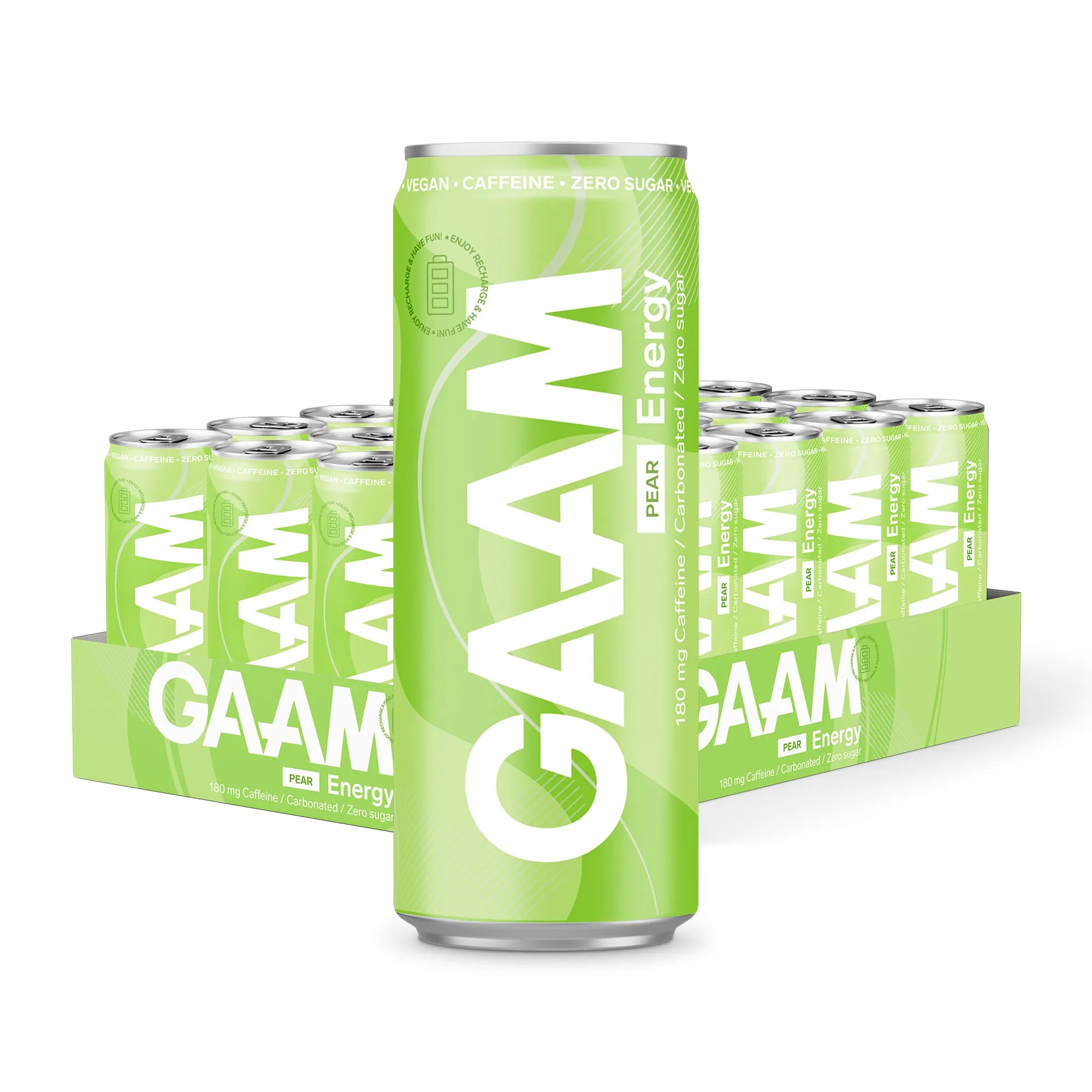 24 x GAAM Energy 330 ml Pear i ett ljusgrönt flak med matchande gröna burkar och vit text för päronsmak.