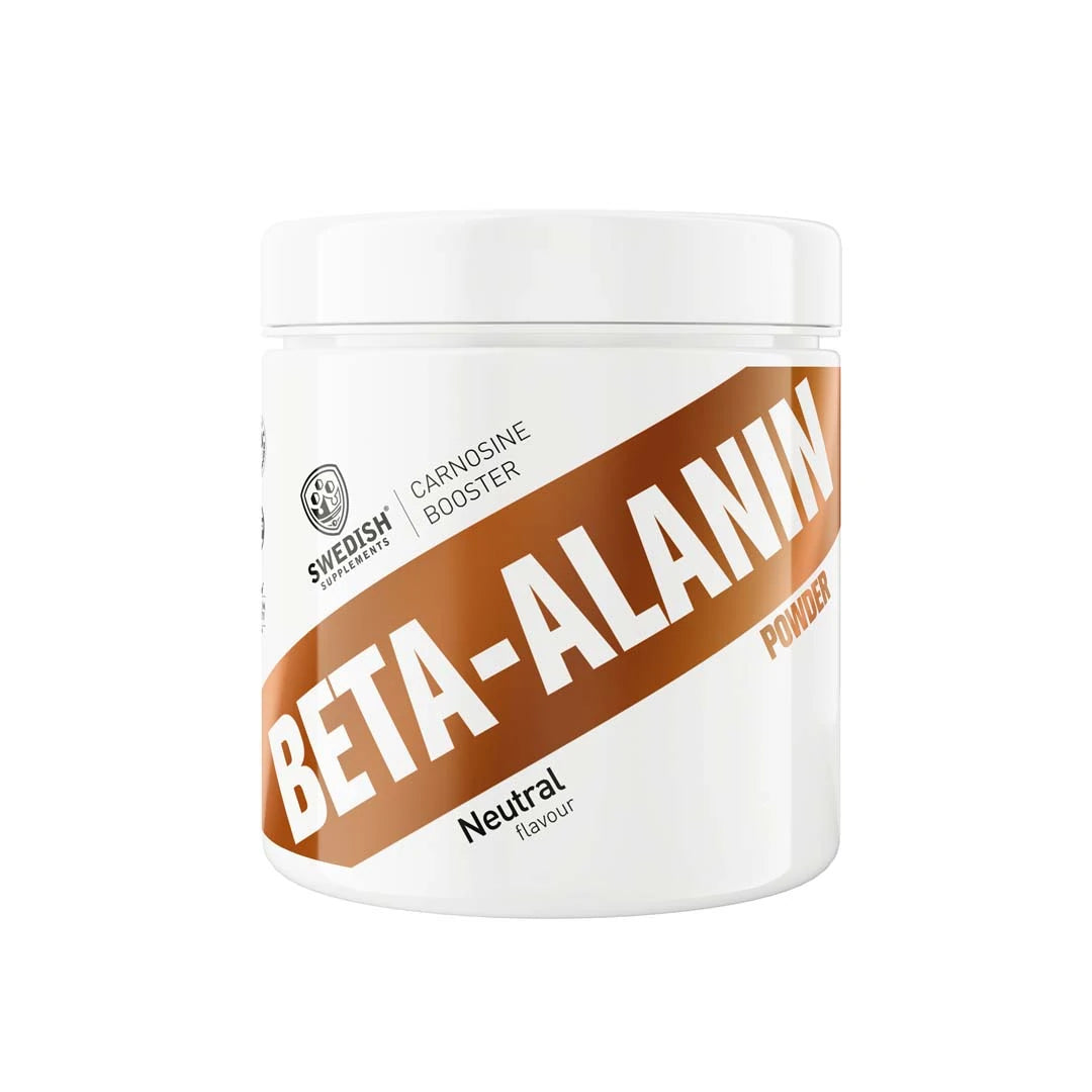 Swedish Supplements Beta-alanin 300 g pulver i en vit burk med kopparfärgad diagonal banderoll och texten Neutral flavour.