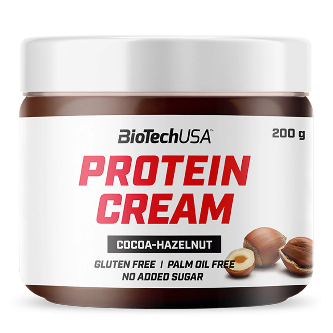 BioTechUSA Protein Cream 200 g, krämigt nötsmör med choklad- och hasselnötssmak i en transparent burk med vit etikett.