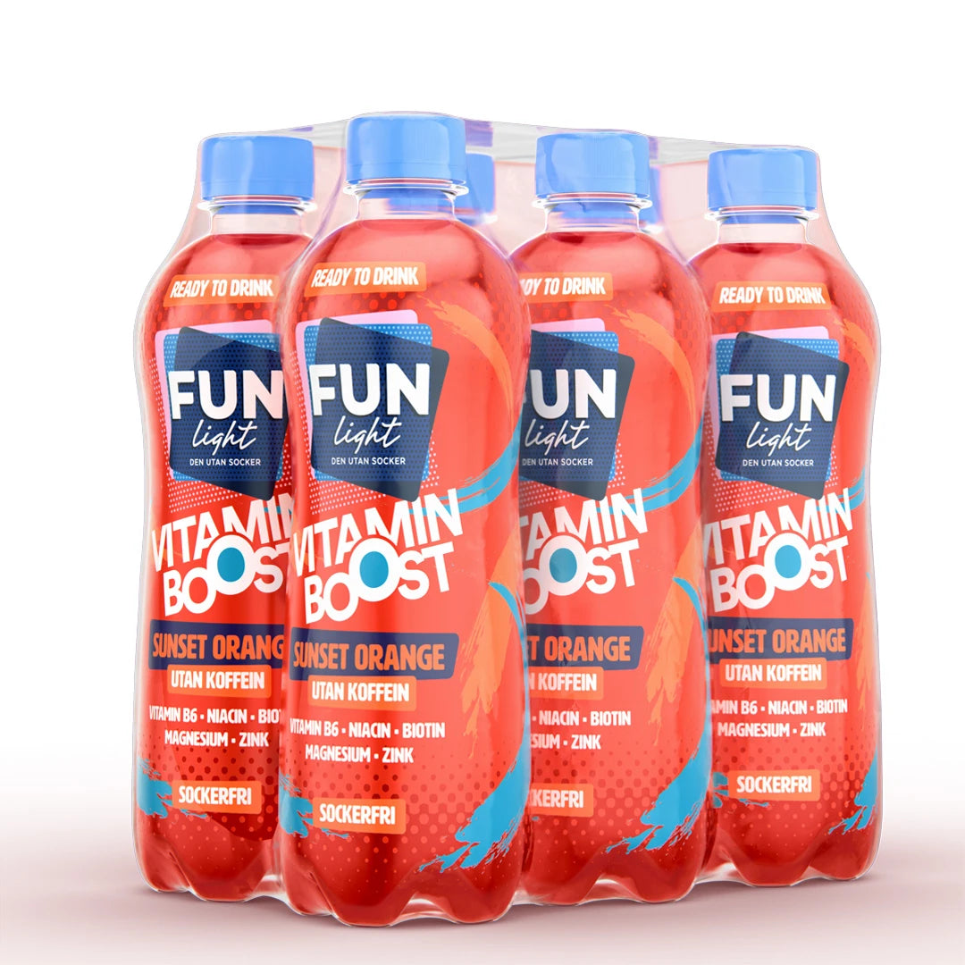 6 x FUN Light Vitamin Boost 500 ml Sunset Orange i ett smidigt 6-pack med röda plastflaskor och blå korkar för apelsinsmak.