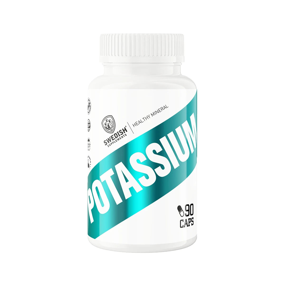 Swedish Supplements Potassium 90 caps i en vit burk med ett turkost band och tydlig text.