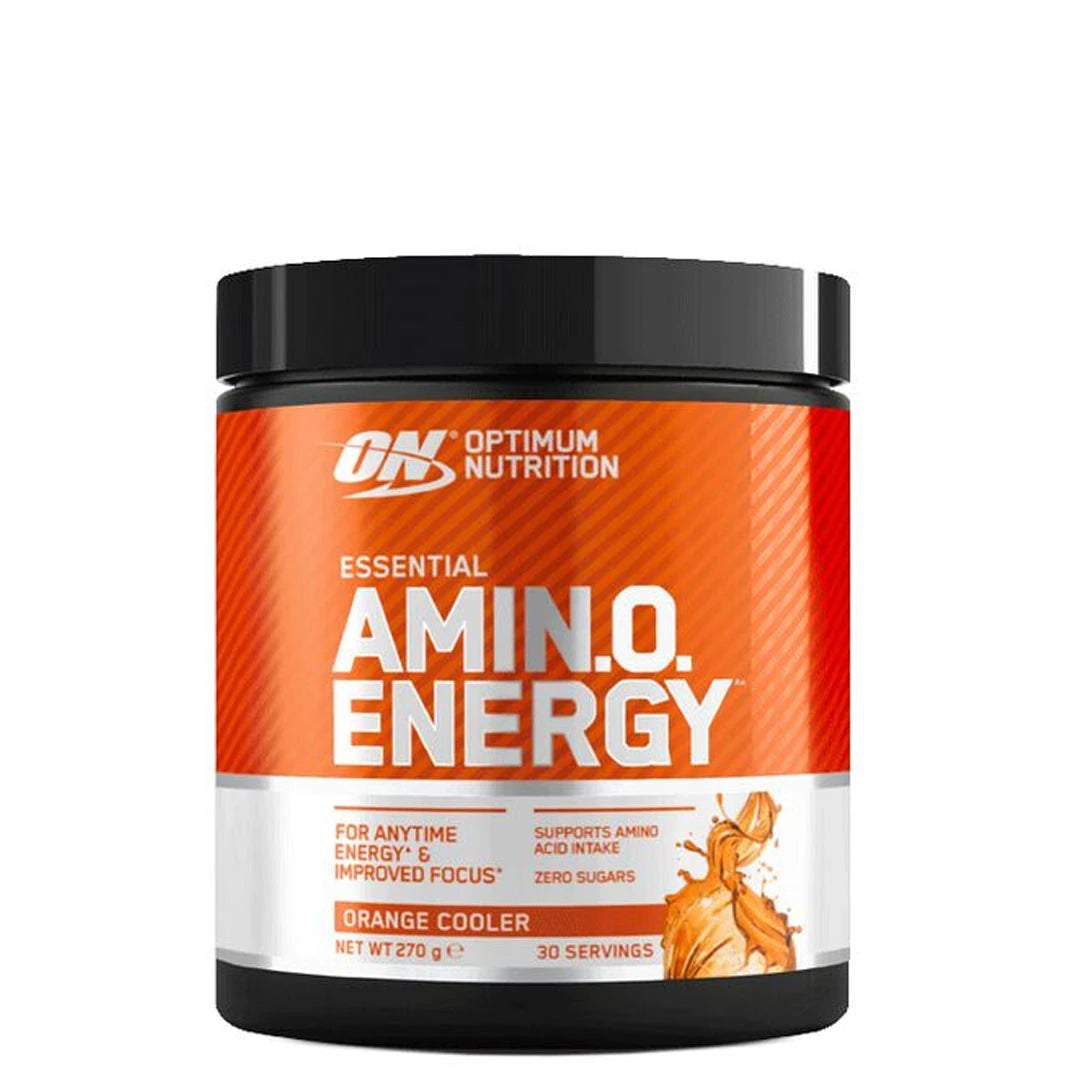 Optimum Nutrition Amino Energy 270 g aminosyrapulver i en svart burk med orange etikett för smaken Orange Cooler.