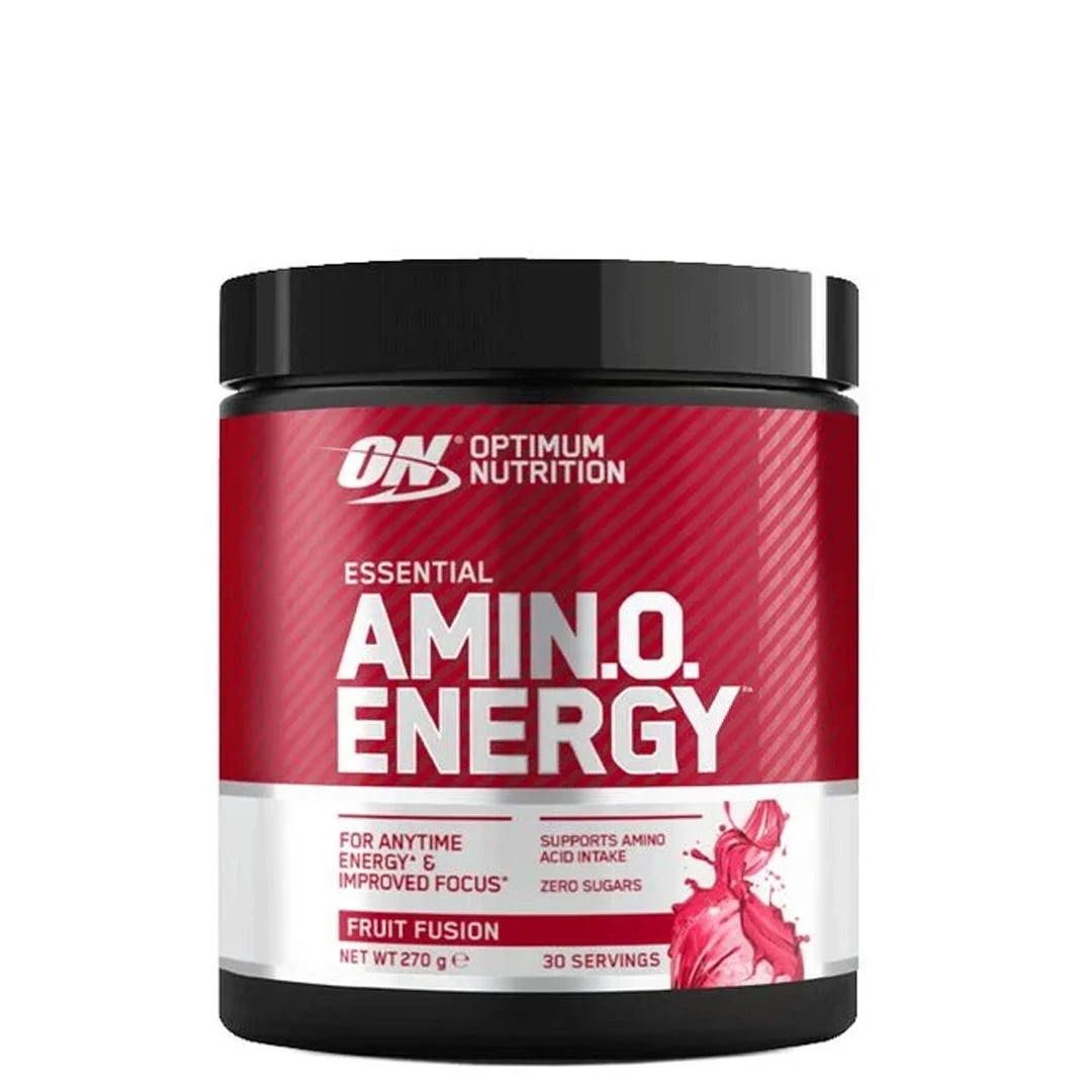 Optimum Nutrition Amino Energy 270 g aminosyrapulver i en svart burk med röd etikett för smaken Fruit Fusion.