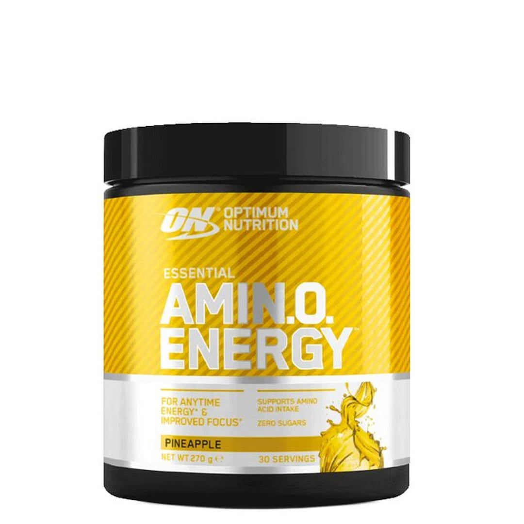 Optimum Nutrition Amino Energy 270 g aminosyror i en svart burk med gul och vit etikett för smaken Pineapple., bild 5 av 5