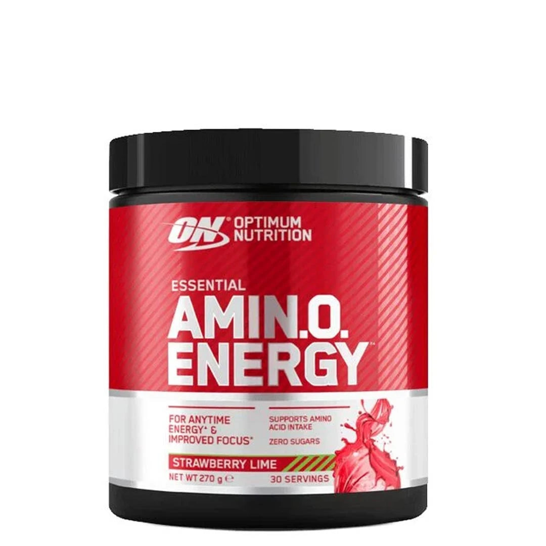Optimum Nutrition Amino Energy 270 g i en svart burk med röd och vit etikett, med smak av Strawberry Lime.