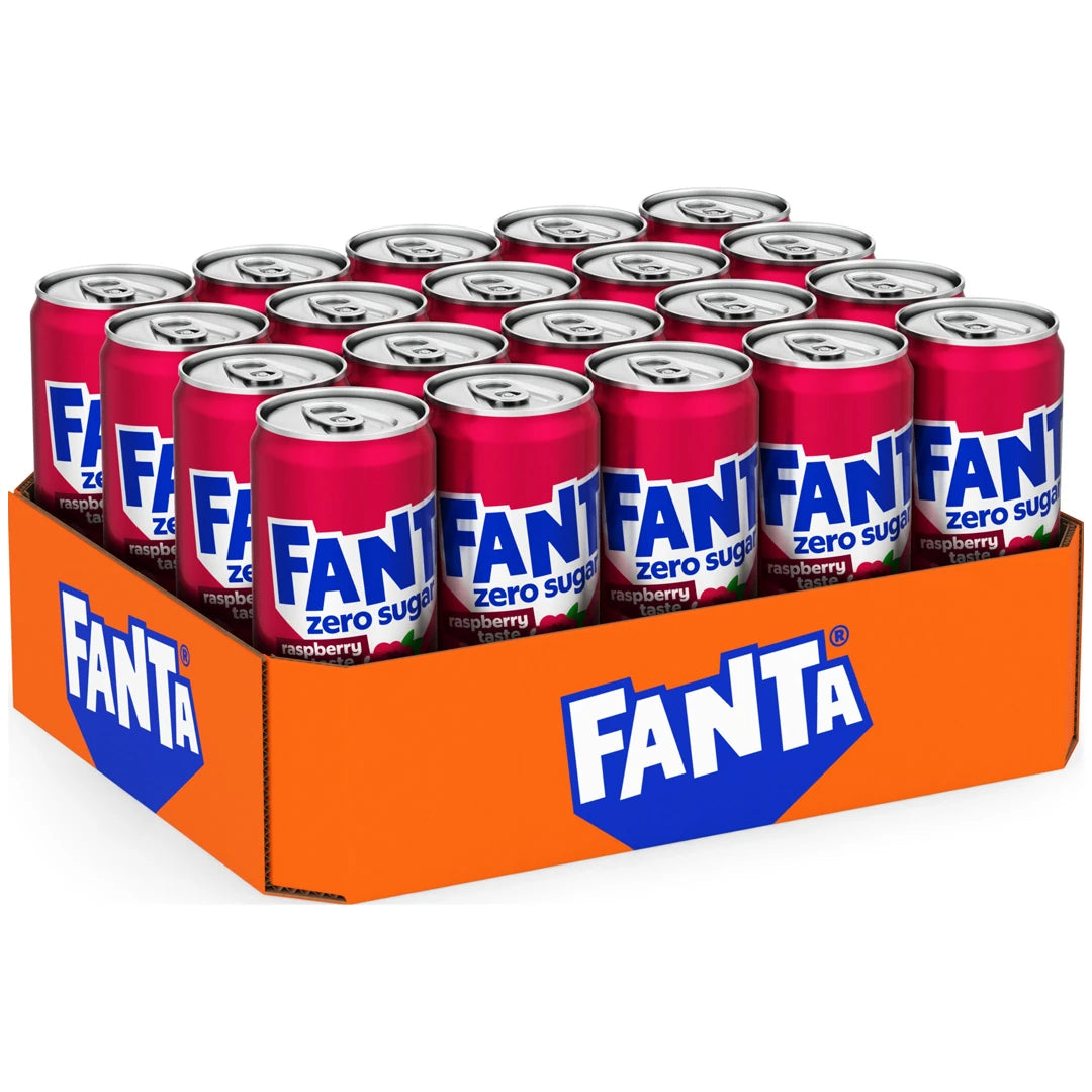 20 x Fanta Raspberry Zero 330 ml sockerfri läsk i rosa burkar samlade i ett orange flak från Coca Cola.
