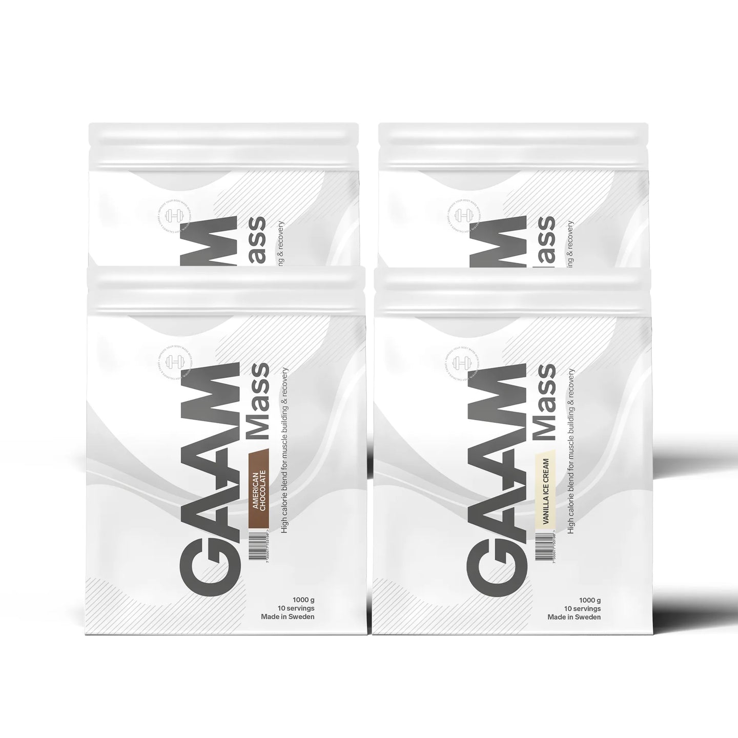 4 x GAAM 100% MASS Premium 1 kg gainer i vita påsar med svarta detaljer för flera olika smaker.