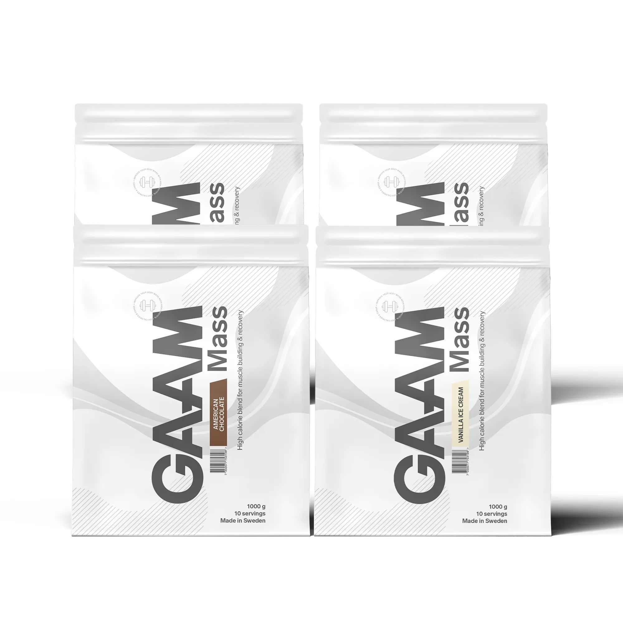 4 x GAAM 100% MASS Premium 1 kg gainer i vita påsar med svarta detaljer för flera olika smaker.