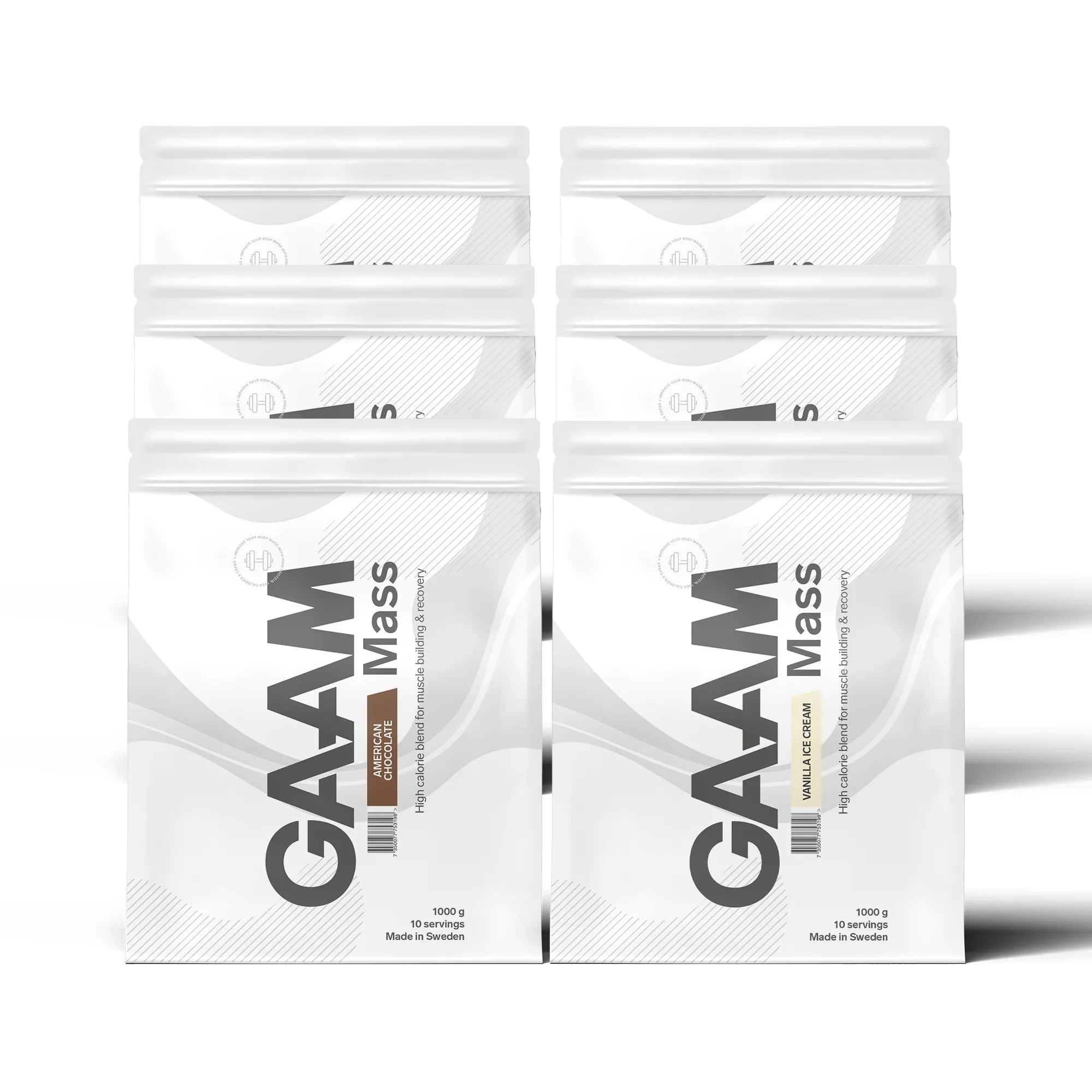 6 x GAAM 100% MASS Premium 1 kg gainer i sex vita påsar med grå detaljer för olika smaker.