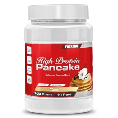 Fairing High Protein Pancake Vanilj, en vit burk med röd etikett innehållande 700 g pannkaksmix.