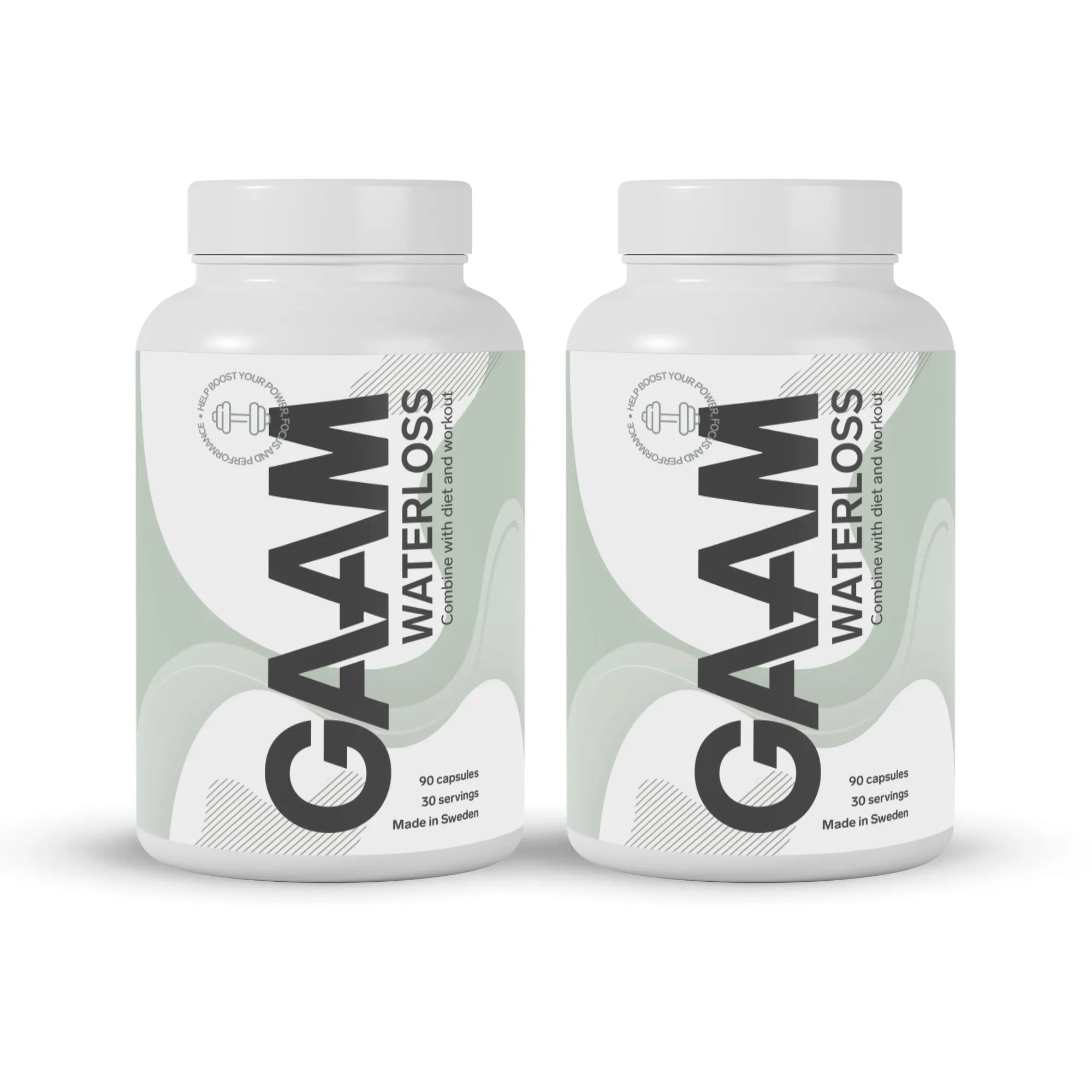 2 x GAAM Waterloss 90 caps kosttillskott i två vita burkar med ljusgröna detaljer och svart text.