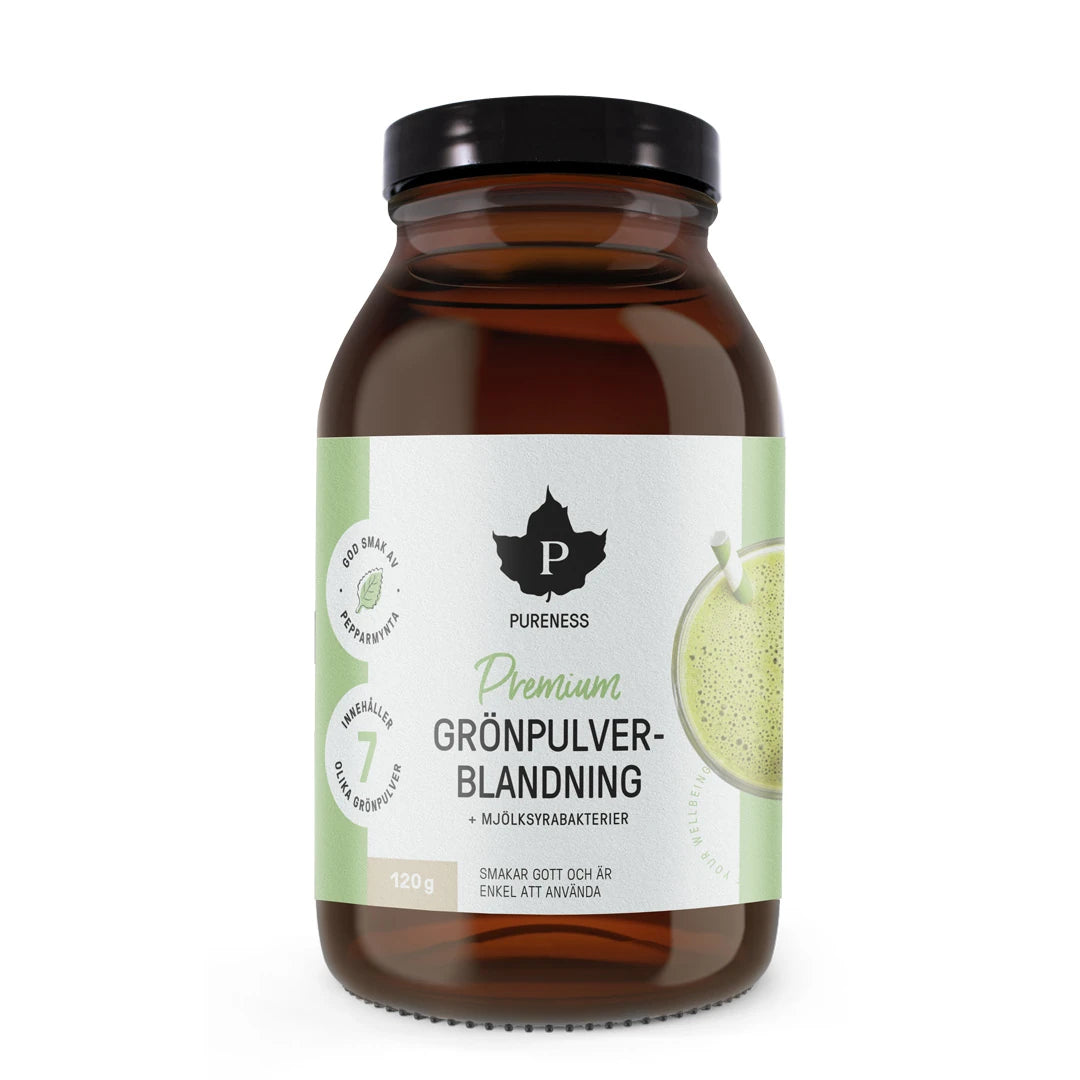 Pureness Grönpulverblandning + Mjölksyrabakterier 120 g i en mörk glasburk med grön och vit etikett.