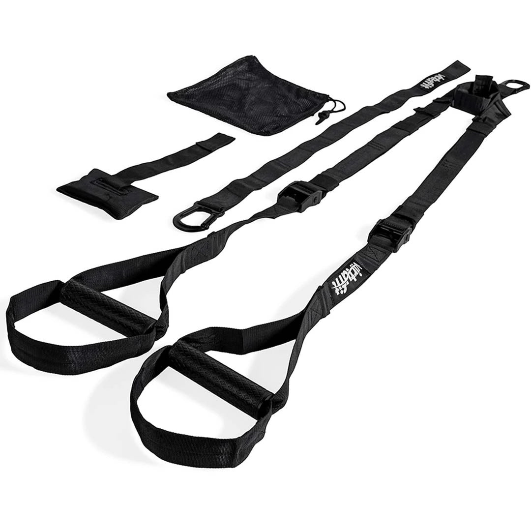 Virtufit Suspension Trainer Pro svarta träningsband med handtag och tillhörande nätväska.
