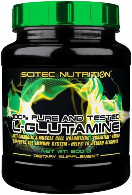 Scitec Nutrition L-Glutamine 300 g i en svart plastburk med grönt lock och neongröna detaljer.