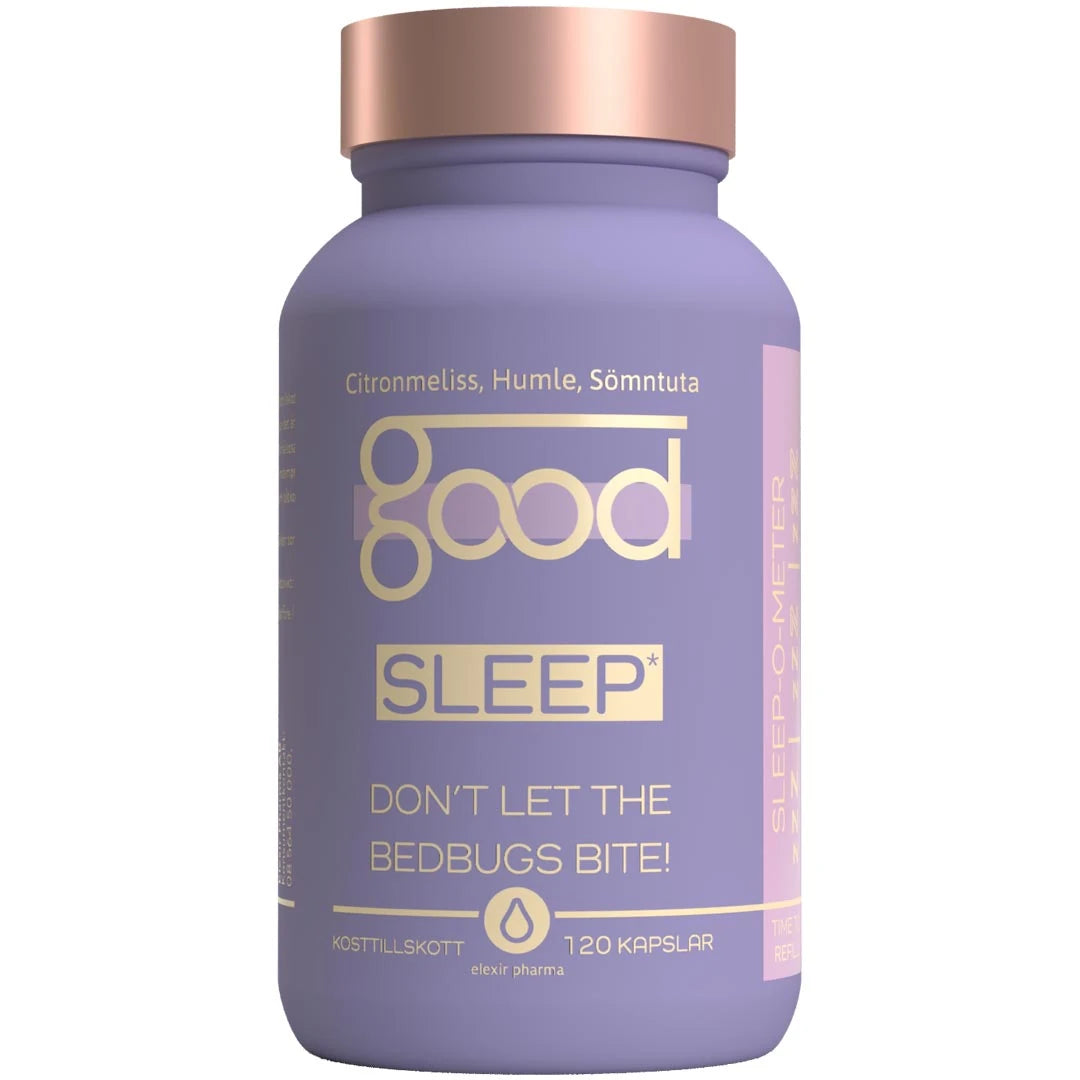 Elexir Pharma Good Sleep 120 caps kosttillskott för sömnen i en lila burk med kopparfärgat lock.