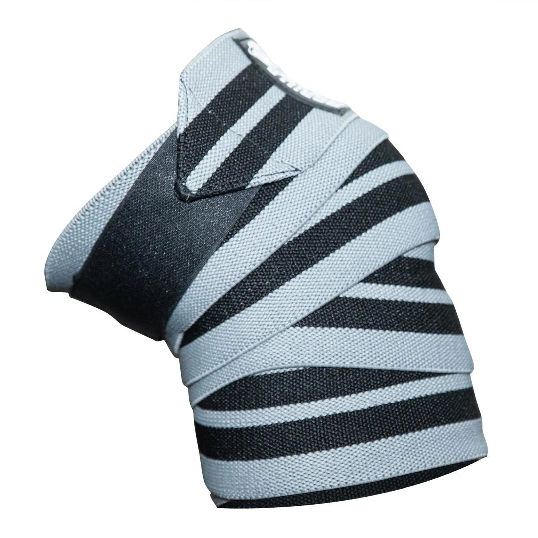 Gorilla Wear Knee Wraps 2.5 m, grå och svarta randiga knälindor med smidig kardborre för tunga benövningar.