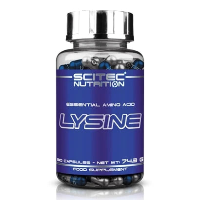 Scitec Nutrition Lysine 90 caps i en transparent burk med blå etikett, silverlock och blå-silvriga kapslar.