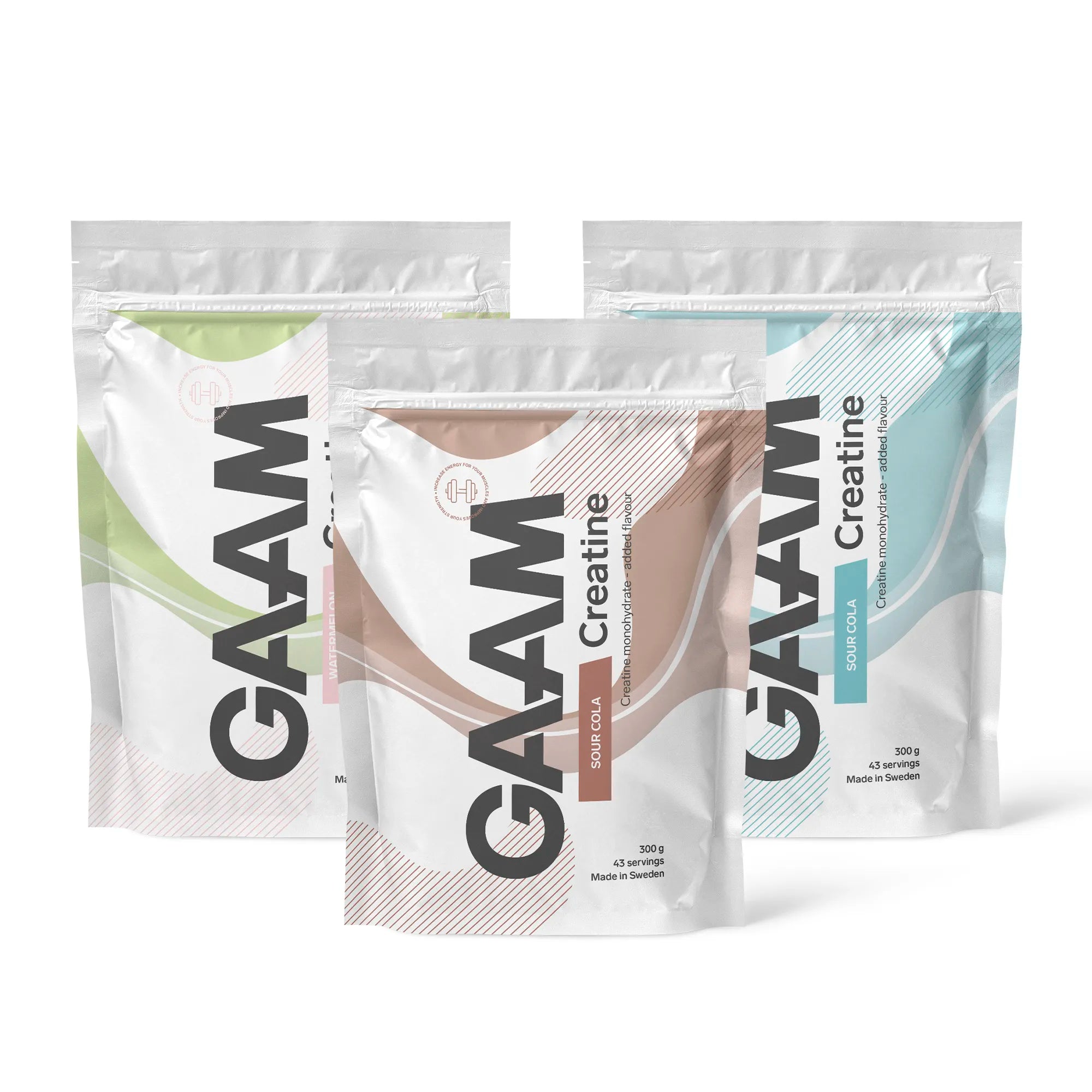 3 x GAAM Creatine 300 g i tre vita ståpåsar med bruna, gröna och blåa detaljer för olika smaker.