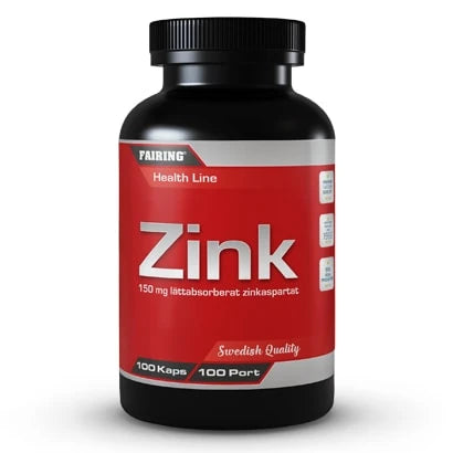 Fairing Zink mineraltillskott i en svart burk med en röd etikett innehållande 100 kapslar.