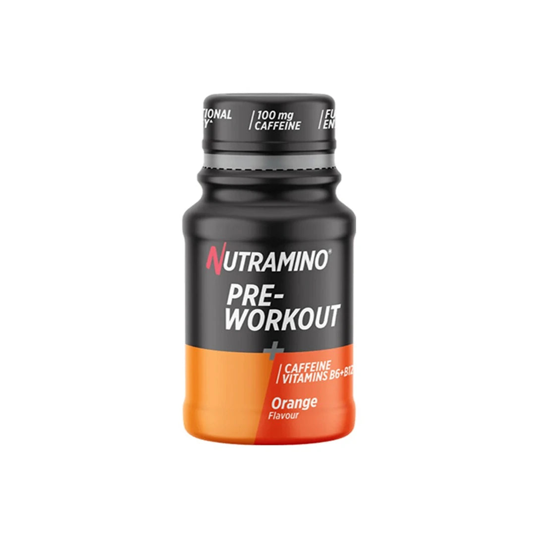 Nutramino Pre-Workout Shot 60 ml i en svart och orange flaska för smaken Orange.