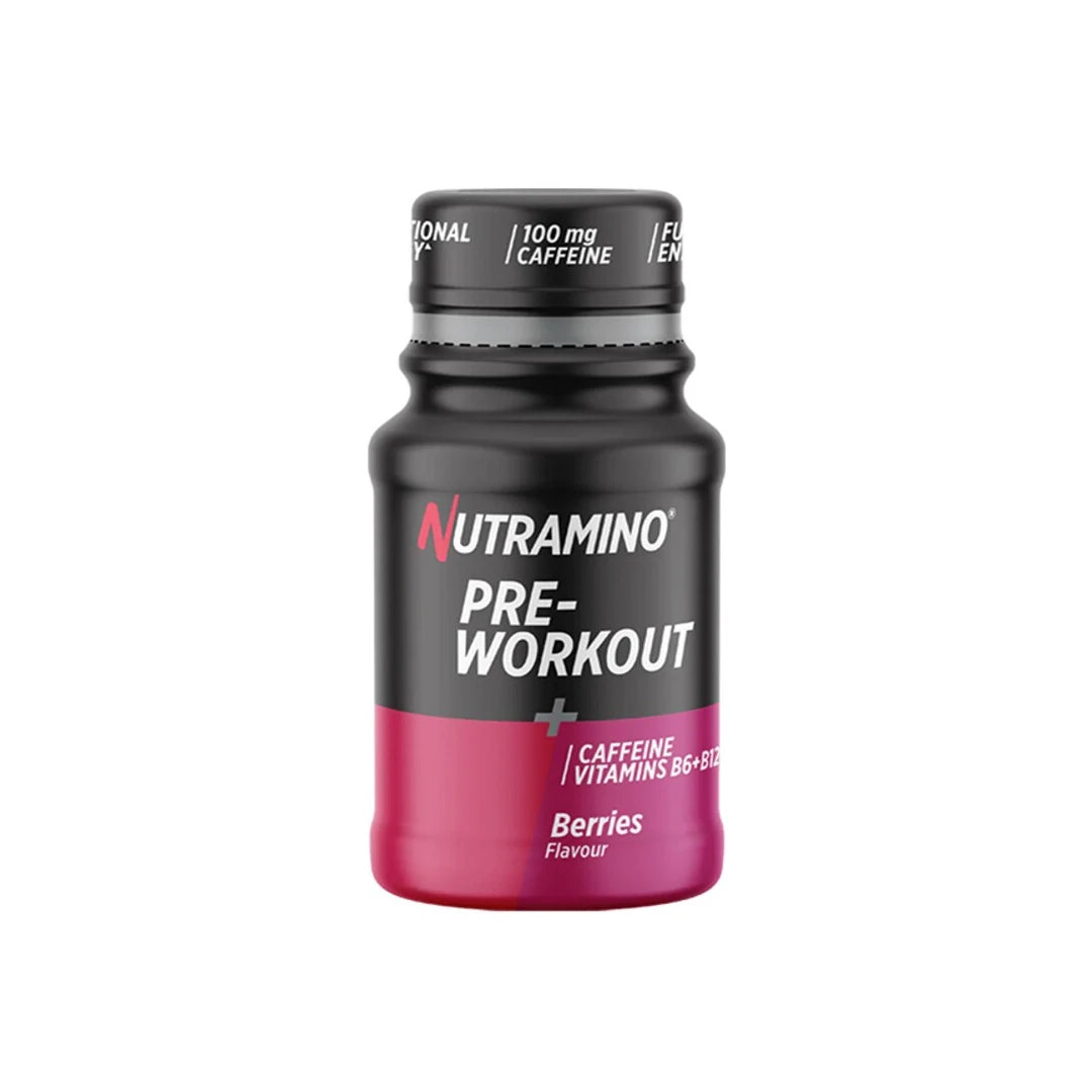 Nutramino +Pro Pre-Workout Shot i en liten svart och rosa flaska för smaken Berries., bild 1 av 1
