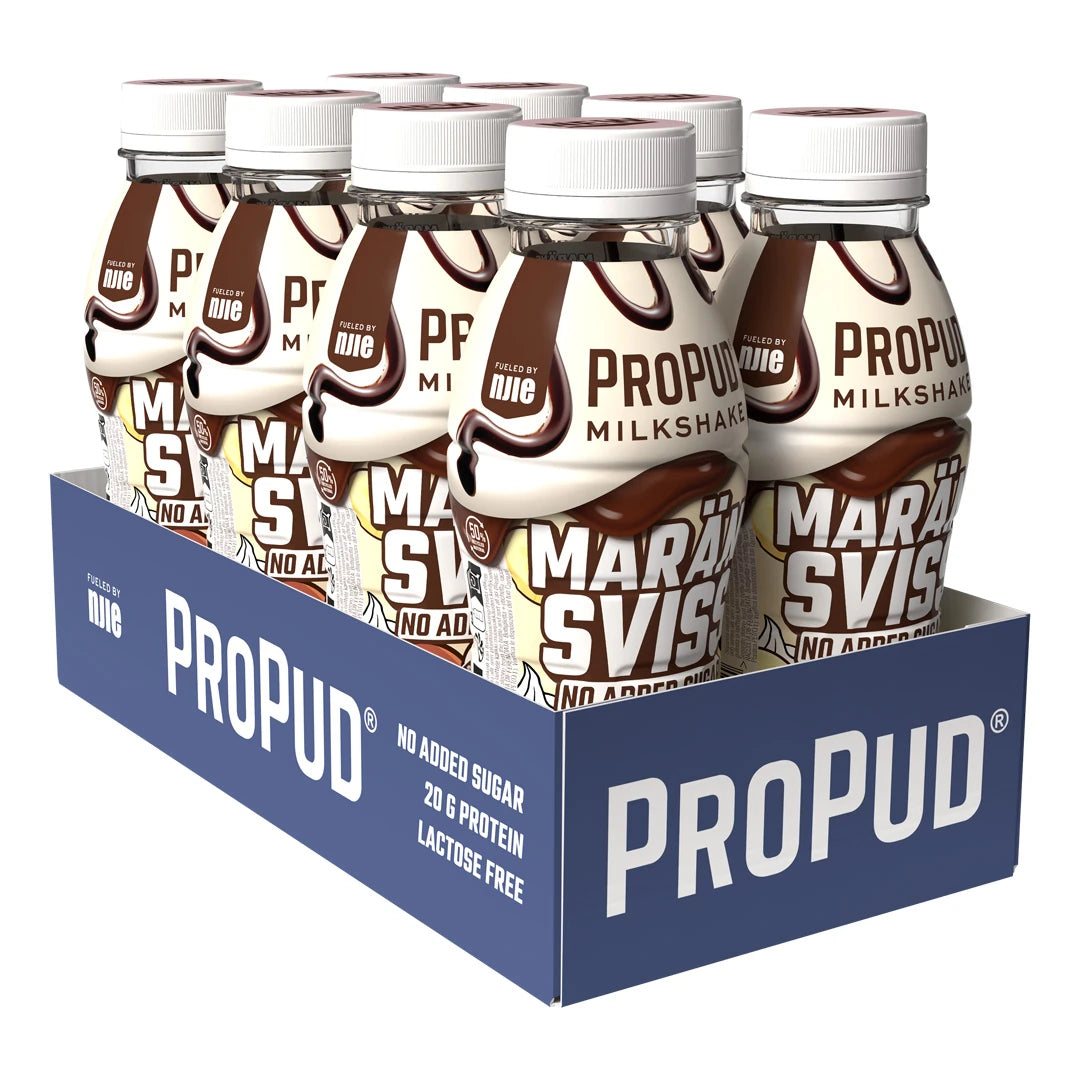 8 x NJIE ProPud Protein Milkshake 330 ml Marängsviss i en blå förpackning med vita flaskor dekorerade med chokladsås.