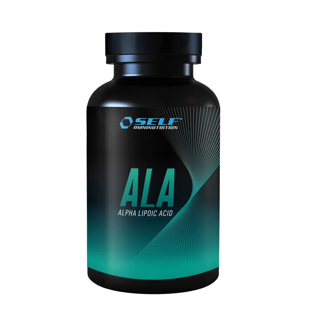 Self Omninutrition ALA 90 caps förpackad i en svart burk med mörk etikett och turkosa detaljer.