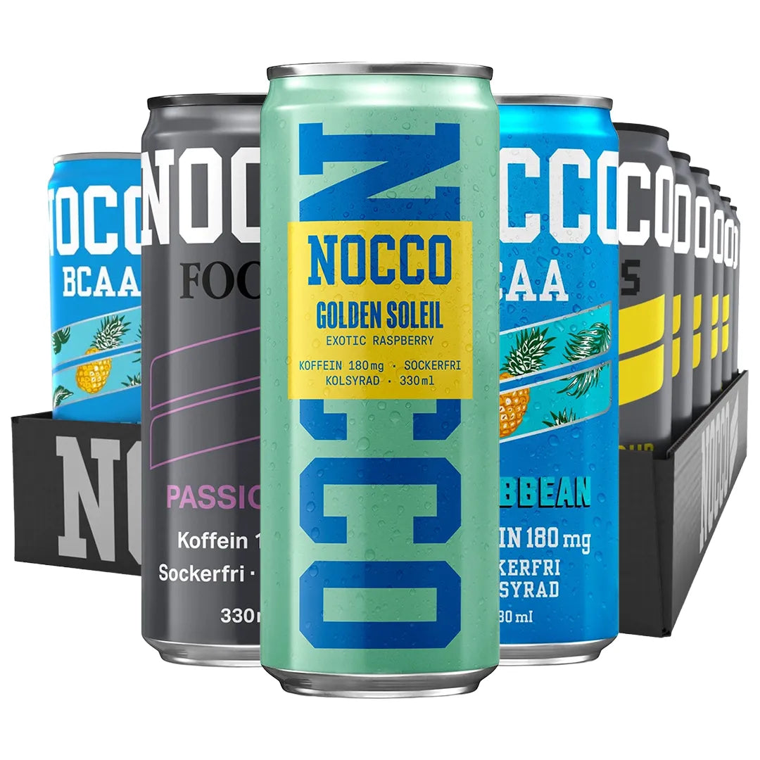 24 x NOCCO BCAA / BCAA+ / FOCUS 330 ml / NOCCO FLAK Mixflak med färgglada aluminiumburkar i ett svart kartongflak.