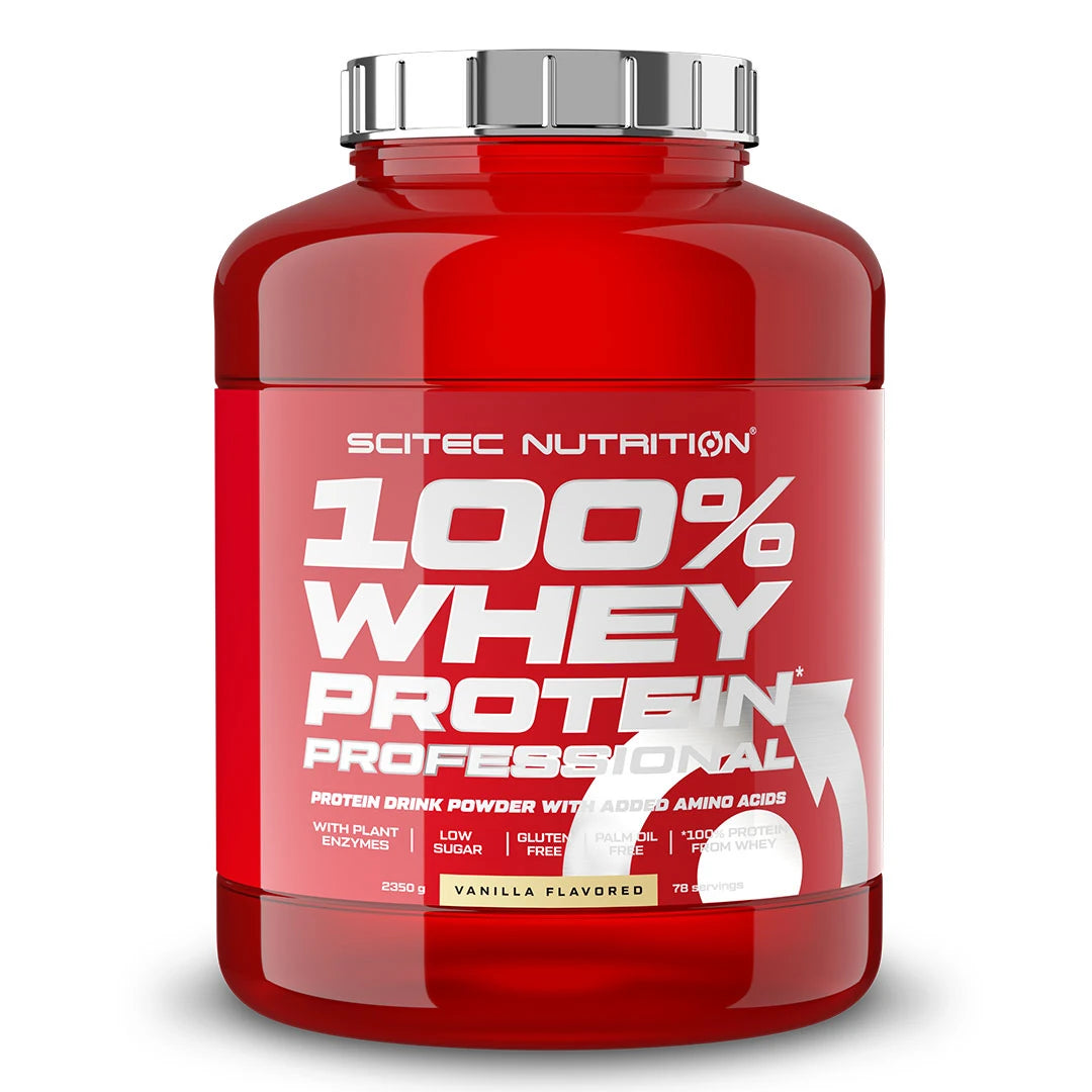 Röd burk med Scitec Nutrition 100% Whey Protein Professional 2.35 kg proteinpulver i smaken Vanilla.