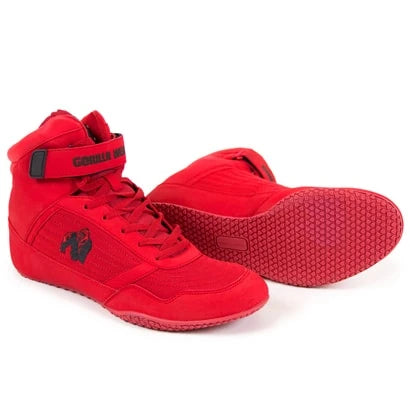 Ett par röda Gorilla Wear High Tops red, lyftarskor med platt sula, högt skaft och kardborreband för styrketräning., bild 1 av 12