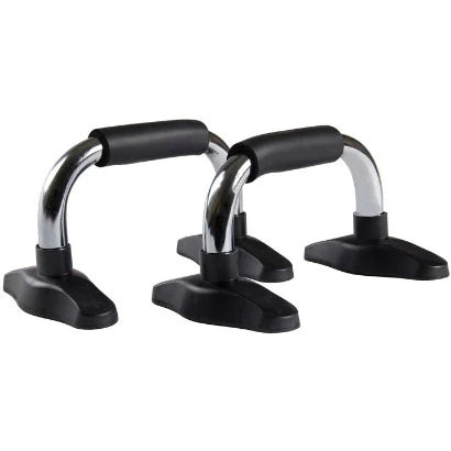 Virtufit Push Up Bars Chrome, två armhävningshandtag i kromat aluminium med bekväma svarta grepp och svarta fötter.