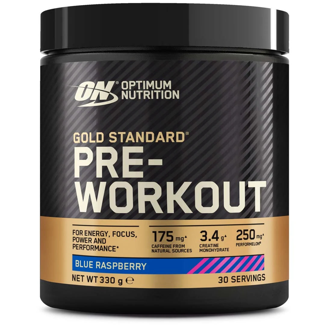 Svart burk med Optimum Nutrition Gold Standard Pre-workout prestationshöjare, 330 g pulver med smaken Blue Raspberry.