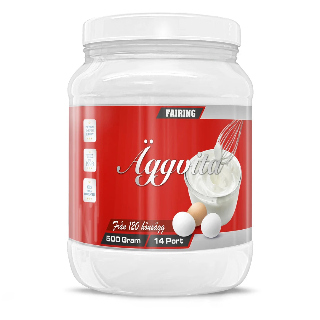 Fairing Äggvita 500 g proteinpulver i en vit burk med röd etikett som visar vispad äggvita och ägg.