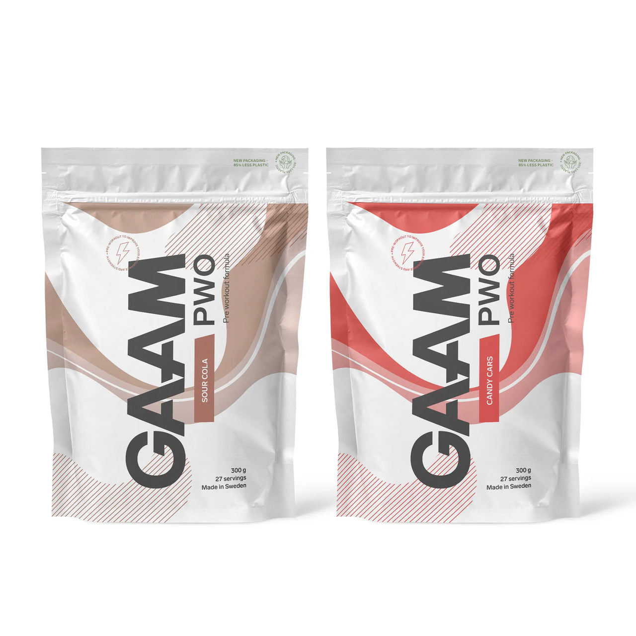 2 x GAAM PWO 300 g i två vita påsar med bruna och röda detaljer för smakerna Sour Cola och Candy Cars.