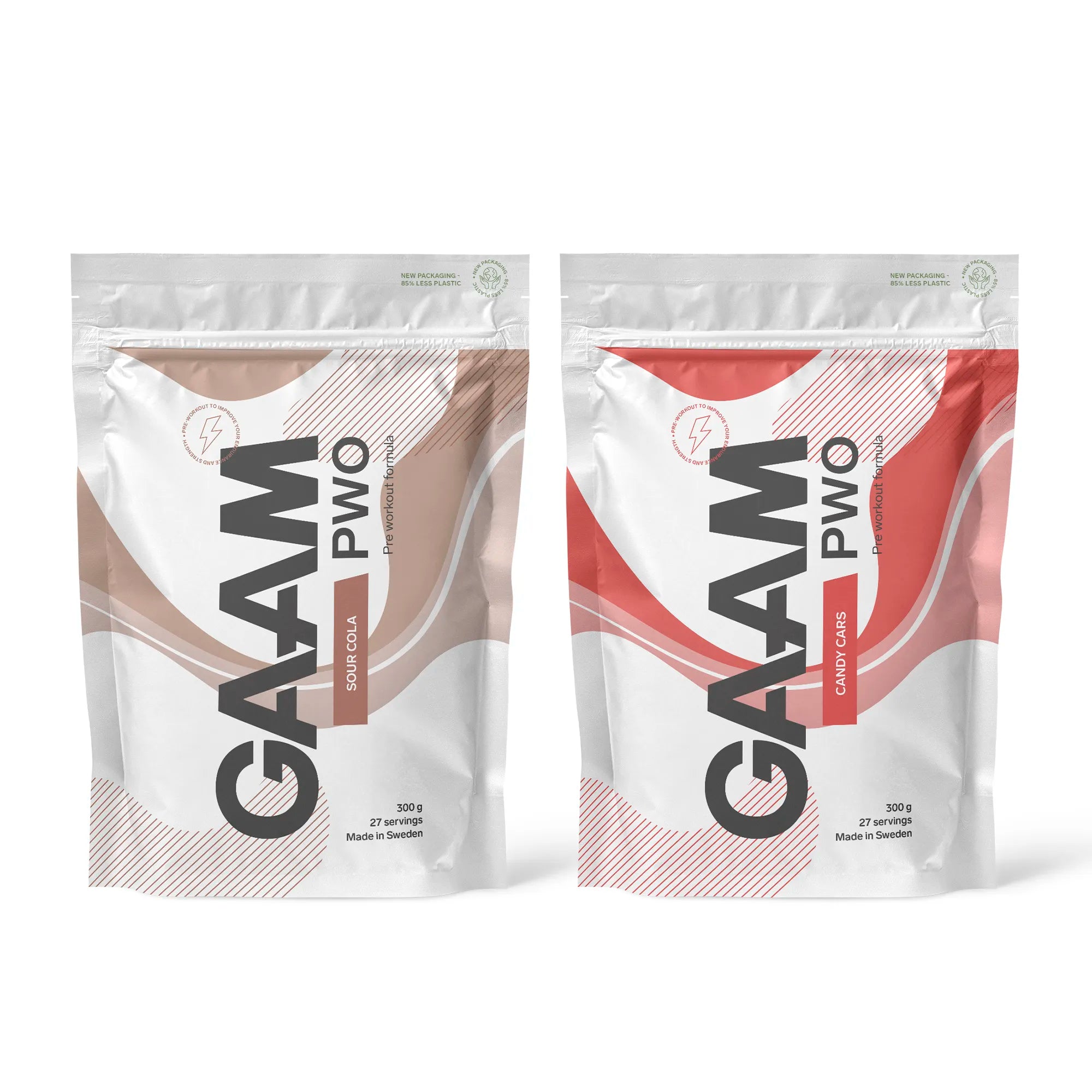 2 x GAAM PWO 300 g i två vita påsar med bruna och röda detaljer för smakerna Sour Cola och Candy Cars.