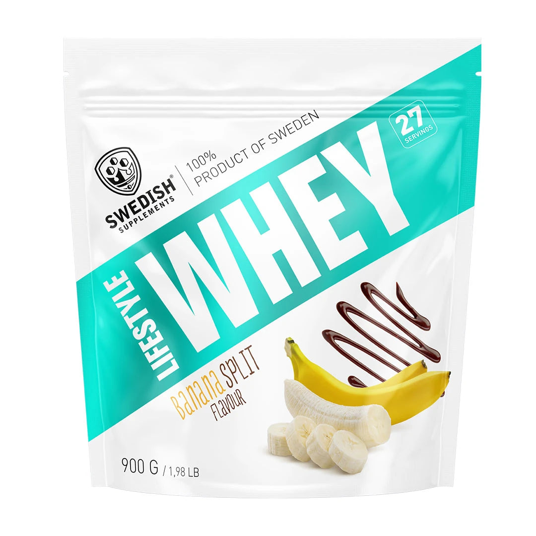 Swedish Supplements Lifestyle Whey 900 g proteinpulver i en vit påse med turkosa detaljer och bananillustration för smaken Banana Split.