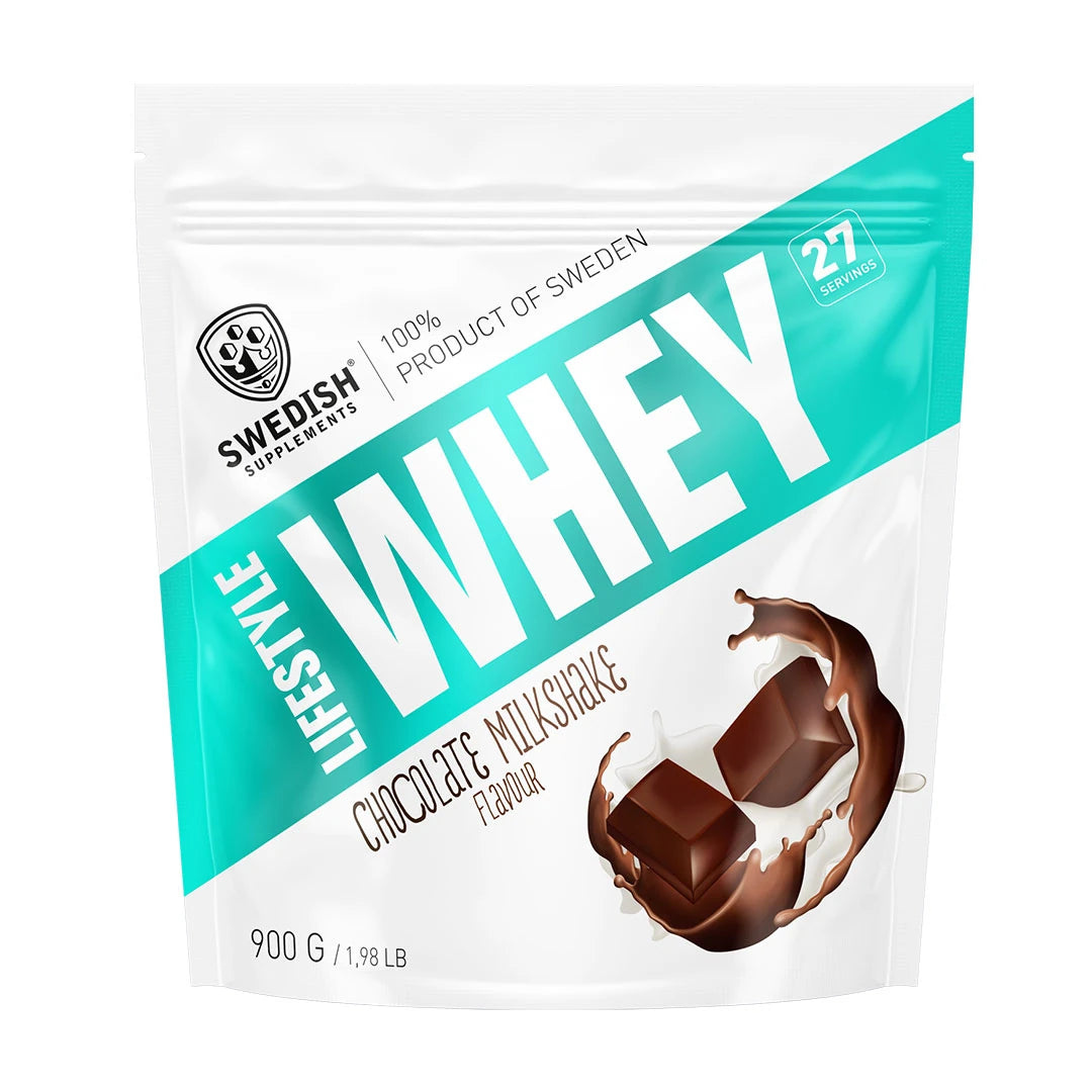 Swedish Supplements Lifestyle Whey 900 g proteinpulver i en vit påse med turkosa detaljer och chokladillustration för smaken Chocolate Milkshake.