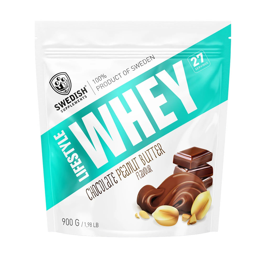 Swedish Supplements Lifestyle Whey 900 g proteinpulver i en vit påse med turkosa detaljer för smaken Chocolate Peanut Butter., bild 4 av 7