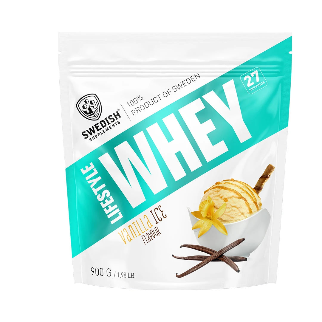Swedish Supplements Lifestyle Whey 900 g vassleprotein i en vit påse med turkosa detaljer för smaken Vanilla Ice., bild 6 av 7